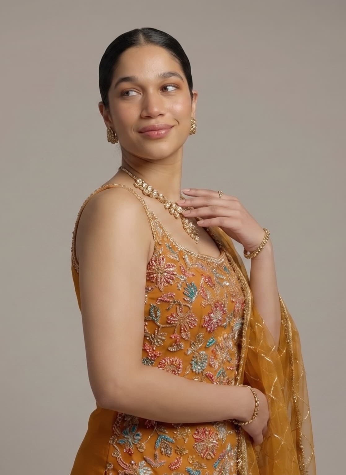 Mustard Yellow Embroidered Sharara Suit