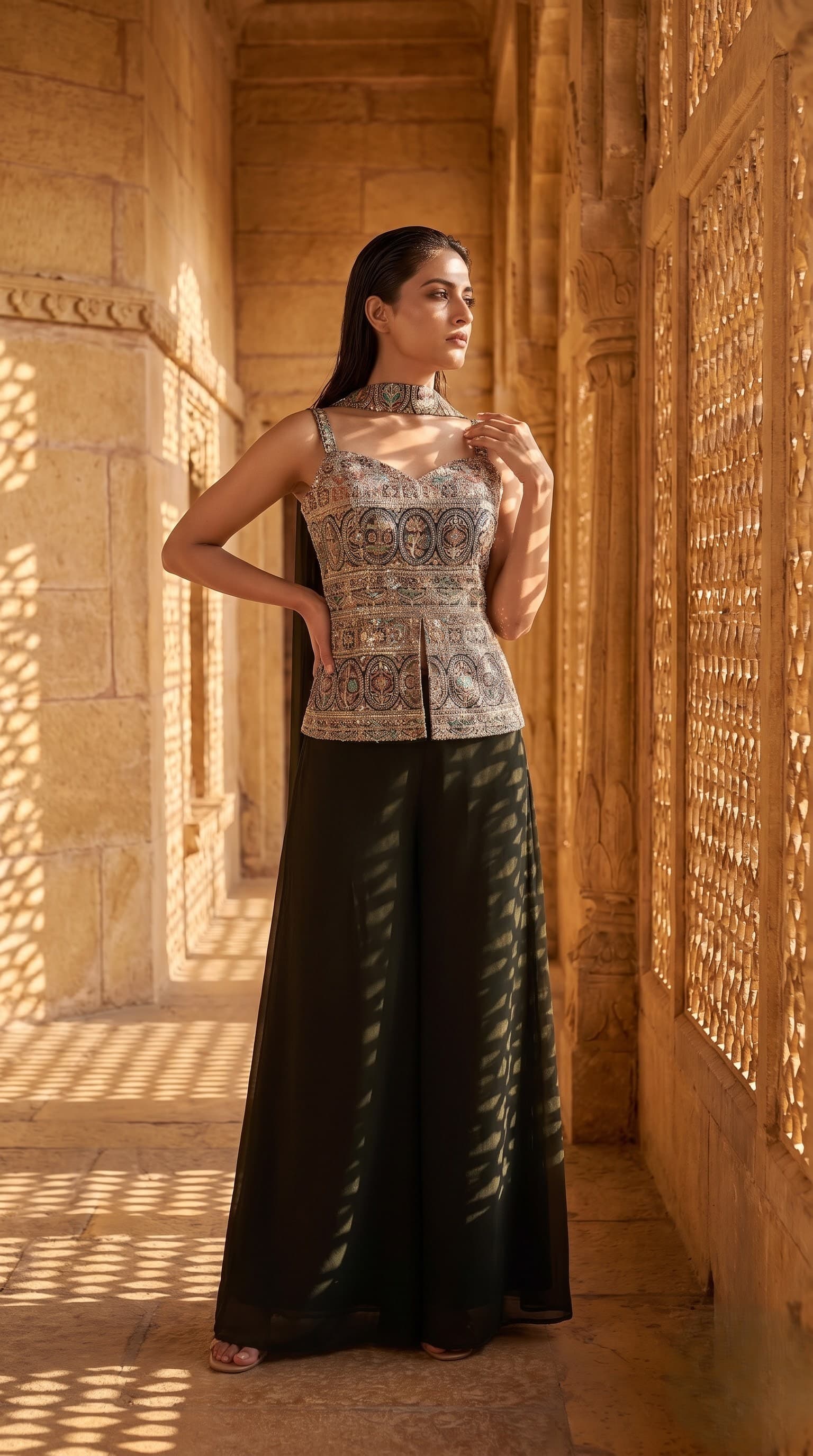 Black & Antique Gold Brocade Bustier Top with Flared Palazzo Set