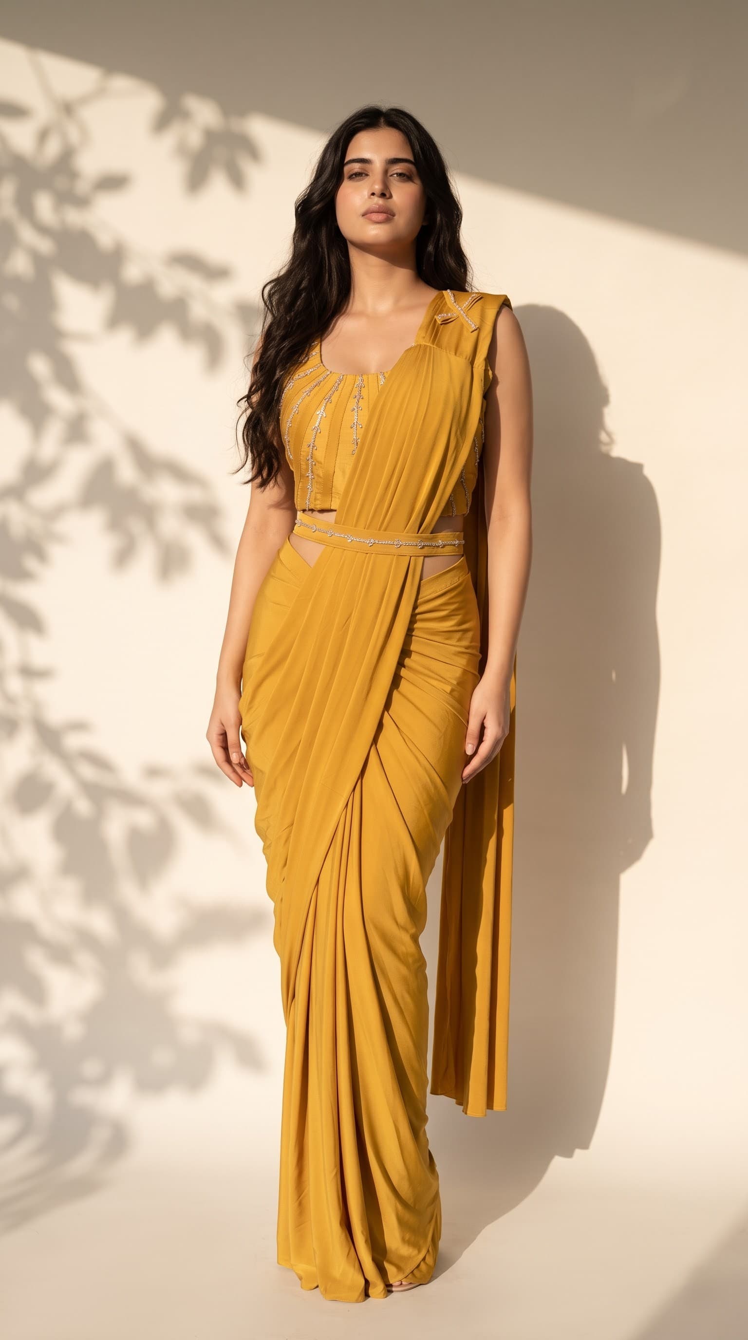 Mustard Yellow Pre-Draped Ready to Wear Saree with Embroidered Blouse & Waistband