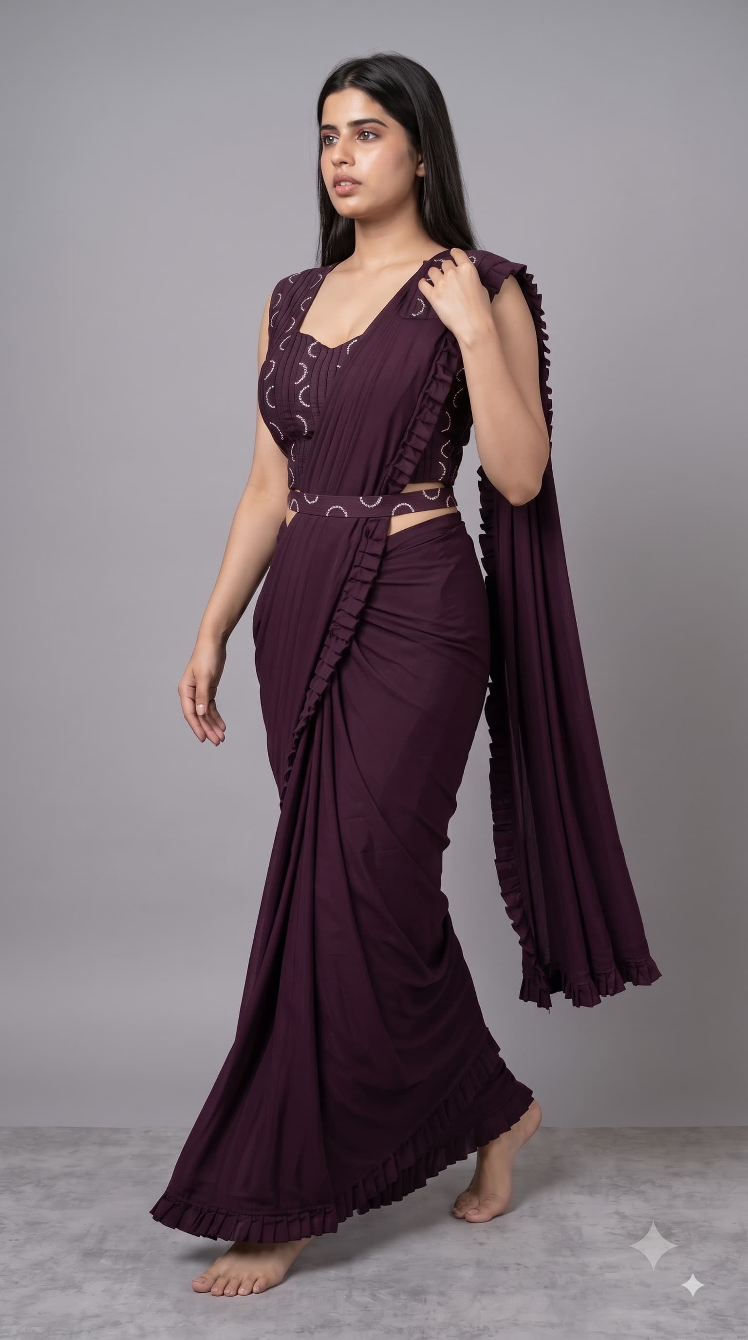 Deep Wine Pre-Draped Ruffle Ready to Wear Saree with Embroidered Belt & Blouse