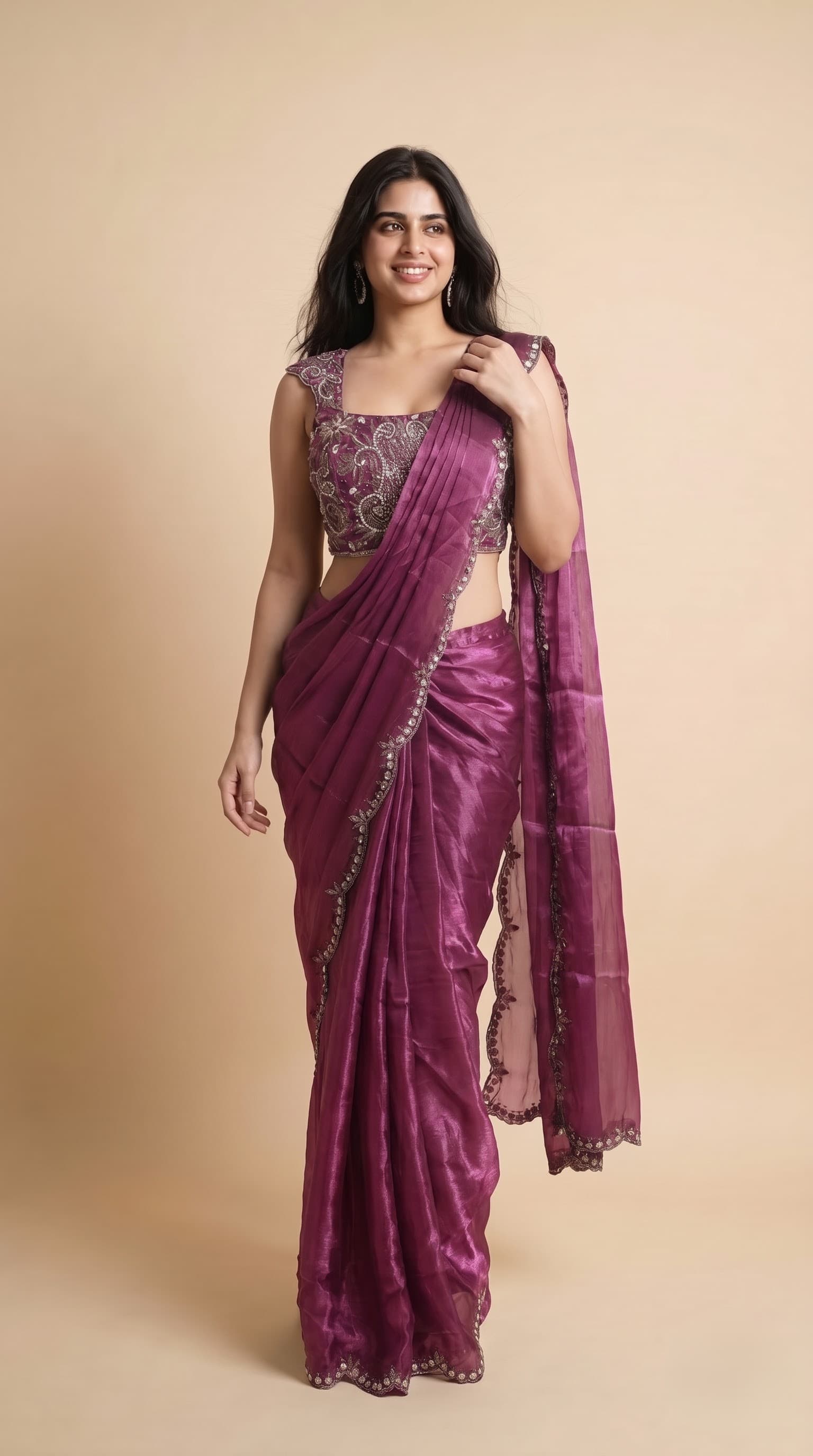 Magenta Berry Tissue Organza Pre-Draped Ready to Wear Saree with Scalloped Zari Border