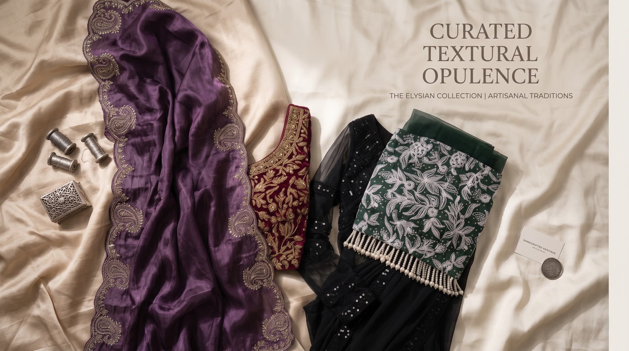 Curated textural opulence from the Elysian collection, with embroidered sarees and blouses