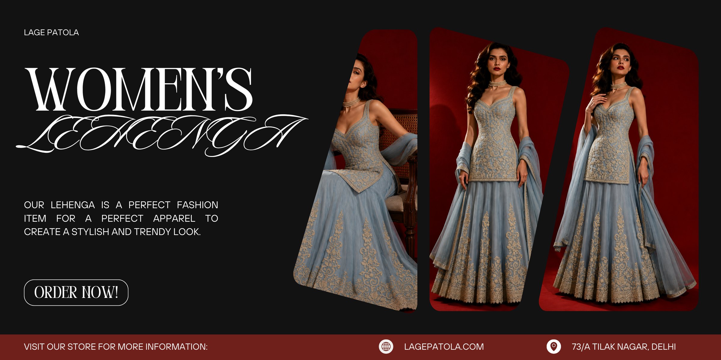 Women's lehenga collection by Lage Patola, featuring embroidered powder-blue lehengas